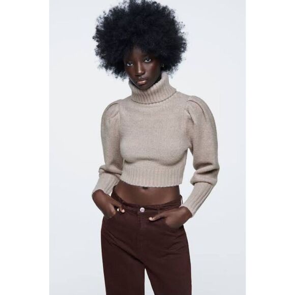 ZARA Turtleneck Cropped Knit Sweater Taupe Sz‎ Medium - Picture 1 of 5